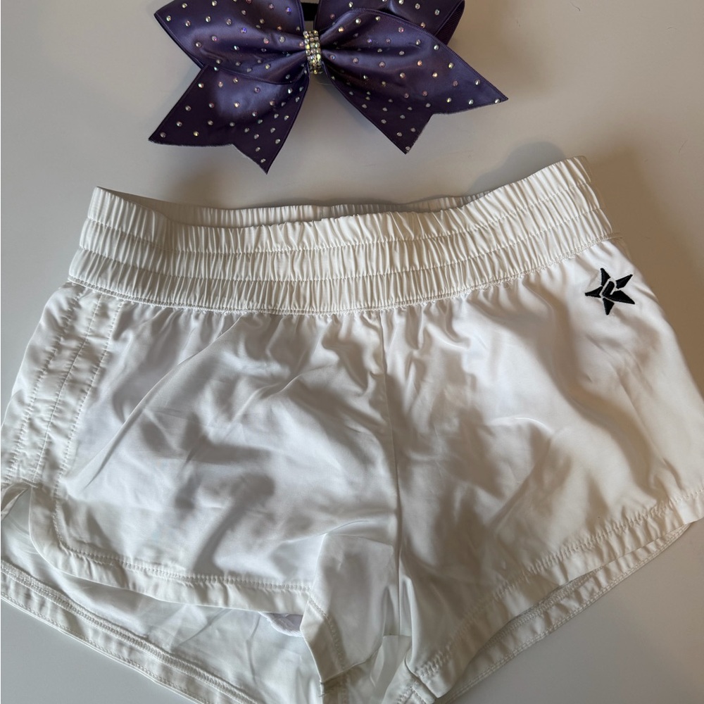 Rebel Athletic girl’s cheer shorts & bow size YL EUC